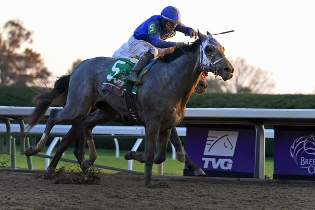 Jockey Luis Saez rides Essential Quality to win the Breeders' Cup Juvenile horse race at Keeneland Race Course, Friday, Nov. 6, 2020, in Lexington, Ky. (AP Photo/Michael Conroy)