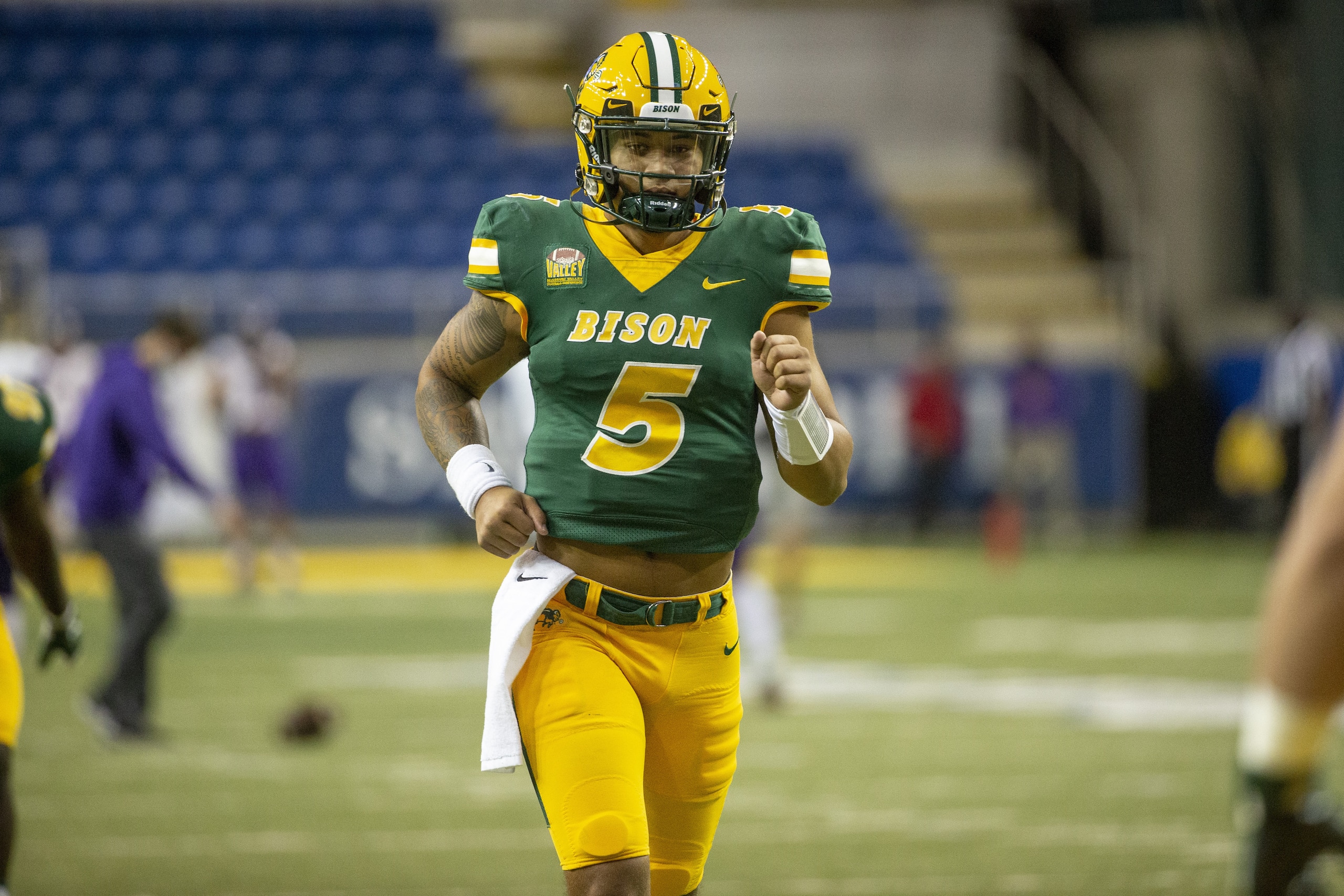 North Dakota State quarterback Trey Lance prepares to play against Central Arkansas at an NCAA college football game Saturday, Oct. 3, 2020, in Fargo, N.D. North Dakota State won 39-28. (AP Photo/Bruce Kluckhohn) North Dakota State quarterback Trey Lance prepares to play against Central Arkansas at an NCAA college football game Saturday, Oct. 3, 2020, in Fargo, N.D. North Dakota State won 39-28. (AP Photo/Bruce Kluckhohn)