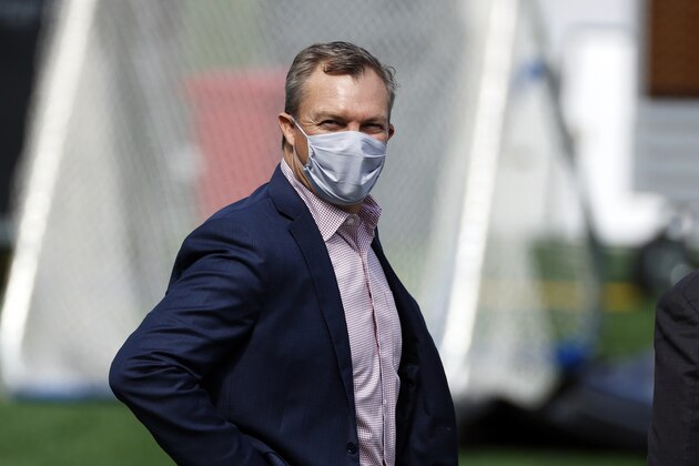 San Francisco 49ers general manager John Lynch prior to an NFL football game against the New York Giants, Sunday, Sept. 27, 2020, in East Rutherford, N.J. (AP Photo/Adam Hunger)