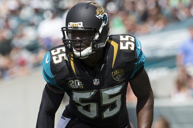 Jacksonville Jaguars outside linebacker Geno Hayes in action during the first half of an NFL football game against the Philadelphia Eagles, Sunday, Sept. 7, 2014, in Philadelphia. The Eagles won 34-17. (AP Photo/Chris Szagola)