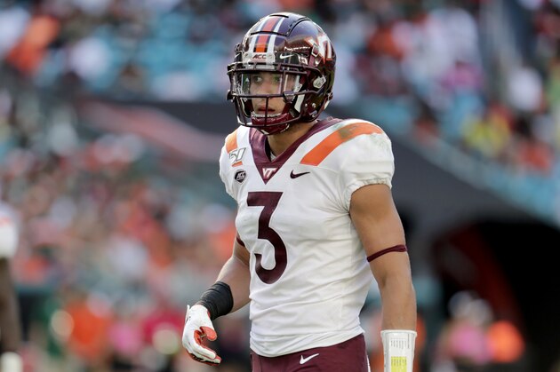 Virginia Tech defensive back Caleb Farley (3) lines up during the first half of an NCAA college football game against Miami, Saturday, Oct. 5, 2019, in Miami Gardens, Fla. (AP Photo/Lynne Sladky)