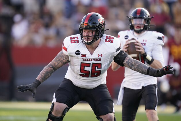 Texas Tech offensive lineman Jack Anderson looks to make a block during the second half of an NCAA college football game against Iowa State, Saturday, Oct. 10, 2020, in Ames, Iowa. Iowa State won 31-15. (AP Photo/Charlie Neibergall)