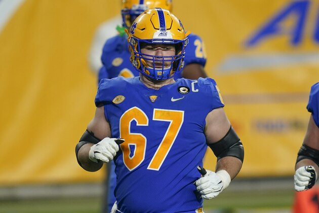 Pittsburgh offensive lineman Jimmy Morrissey (67) plays against Virginia Tech in an NCAA college football game, Saturday, Nov. 21, 2020, in Pittsburgh. (AP Photo/Keith Srakocic)