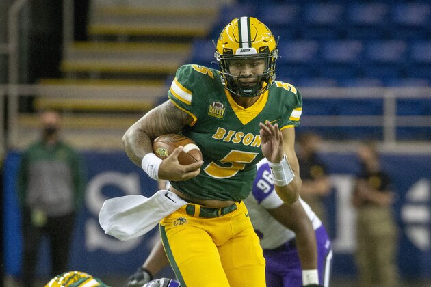 North Dakota State quarterback Trey Lance rushes against Central Arkansas in the first quarter of an NCAA college football game Saturday, Oct. 3, 2020, in Fargo, N.D. North Dakota State won 39-28. (AP Photo/Bruce Kluckhohn)