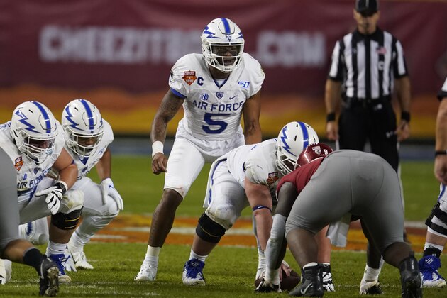 Air Force quarterback Donald Hammond III (5) in the first half during the Cheez-It Bowl NCAA college football game against Washington State, Friday, Dec. 27, 2019, in Phoenix. (AP Photo/Rick Scuteri)