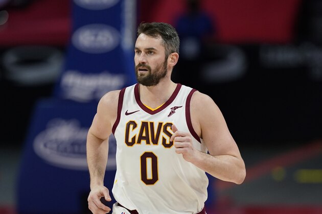 Cleveland Cavaliers forward Kevin Love plays during an NBA basketball game, Monday, April 19, 2021, in Detroit. (AP Photo/Carlos Osorio)