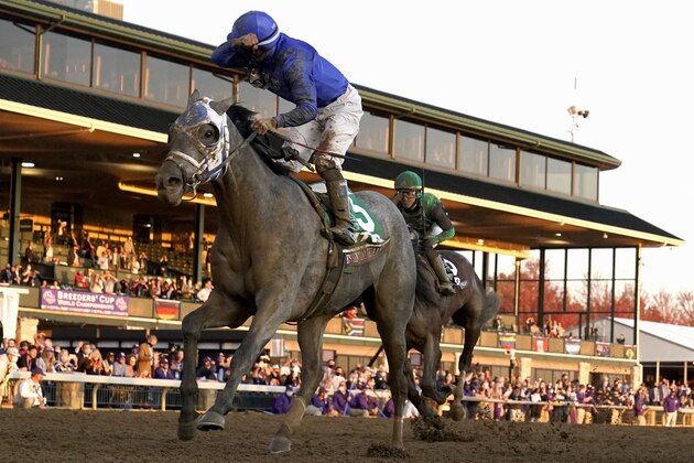 Jockey Luis Saez reacts aboard Essential Quality as they win the Breeders' Cup Juvenile horse race at Keeneland Race Course, Friday, Nov. 6, 2020, in Lexington, Ky.  (AP Photo/Darron Cummings)