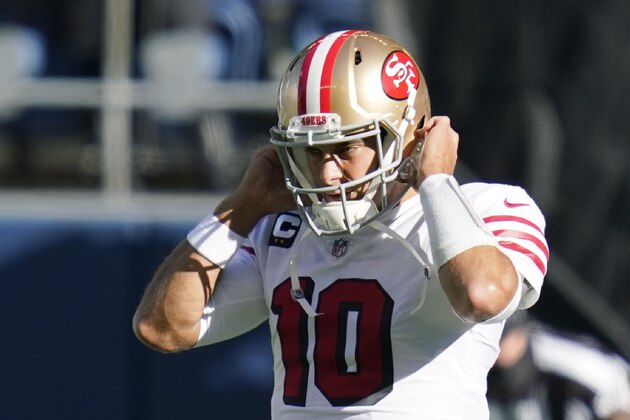 San Francisco 49ers quarterback Jimmy Garoppolo warms up before an NFL football game against the Seattle Seahawks, Sunday, Nov. 1, 2020, in Seattle. (AP Photo/Scott Eklund)