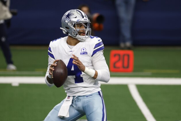 Dallas Cowboys quarterback Dak Prescott drops back to pass in the first half of an NFL football game against the Cleveland Browns in Arlington, Texas, Sunday, Oct. 4, 2020. (AP Photo/Ron Jenkins)