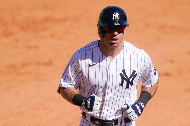 New York Yankees' Mike Tauchman during the fifth inning of a spring baseball game against the Toronto Blue Jays Sunday, Feb. 28, 2021, in Tampa, Fla. (AP Photo/Frank Franklin II)