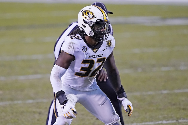 Missouri linebacker Nick Bolton (32) sets up for a play against Mississippi State during the second half of an NCAA college football game, Saturday, Dec. 19, 2019, in Starkville, Miss. Mississippi State won 51-32. (AP Photo/Rogelio V. Solis)