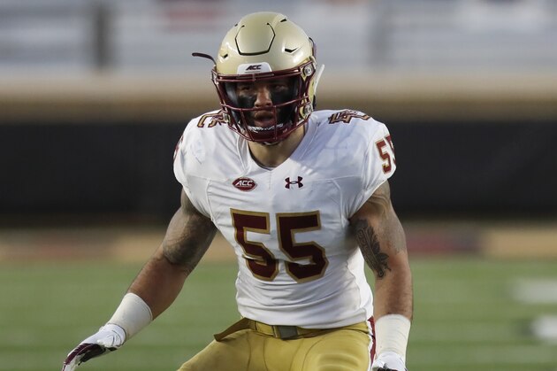 Boston College linebacker Isaiah McDuffie plays against Pittsburgh during the second half of an NCAA college football game, Saturday, Oct. 10, 2020, in Boston. (AP Photo/Michael Dwyer)