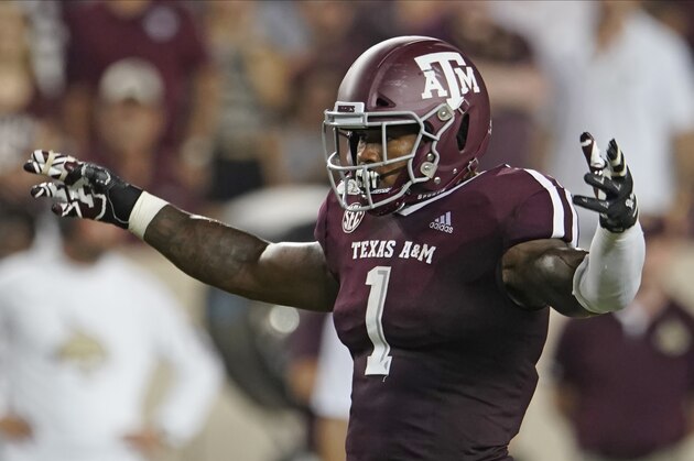 Texas A&M's Buddy Johnson (1) looks against against the Texas State offense during the second half of an NCAA college football game in College Station, Texas, Thursday, Aug. 29, 2019. (AP Photo/Chuck Burton