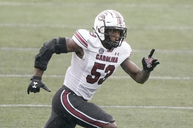 South Carolina linebacker Ernest Jones plays against Vanderbilt in the second half of an NCAA college football game Saturday, Oct. 10, 2020, in Nashville, Tenn. (AP Photo/Mark Humphrey)