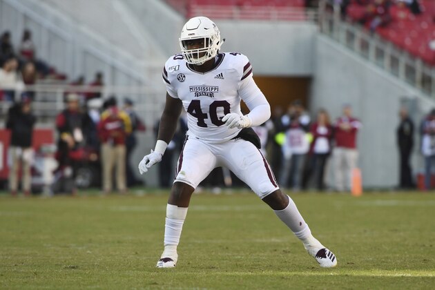 Mississippi State defensive back Erroll Thompson gets ready to run a play against Arkansas during an NCAA college football game, Saturday, Nov. 2, 2019 in Fayetteville, Ark. (AP Photo/Michael Woods)