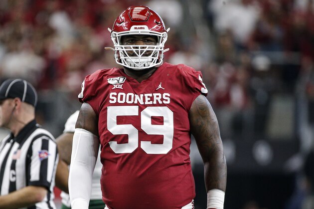 Oklahoma offensive lineman Adrian Ealy (59) during the Big 12 Championship game against Baylor Saturday, Dec. 7, 2019, in Arlington, Texas. (AP Photo/Brandon Wade)