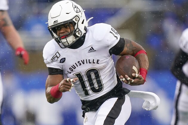 Louisville running back Javian Hawkins (10) runs the ball during the first half of the NCAA college football game against Kentucky, Saturday, Nov. 30, 2019, in Lexington, Ky. (AP Photo/Bryan Woolston)