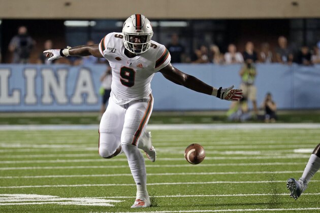 Miami's Brevin Jordan (9) can't hang onto this pass during the first quarter of an NCAA college football game against North Carolina in Chapel Hill, N.C., Saturday, Sept. 7, 2019. (AP Photo/Chris Seward)