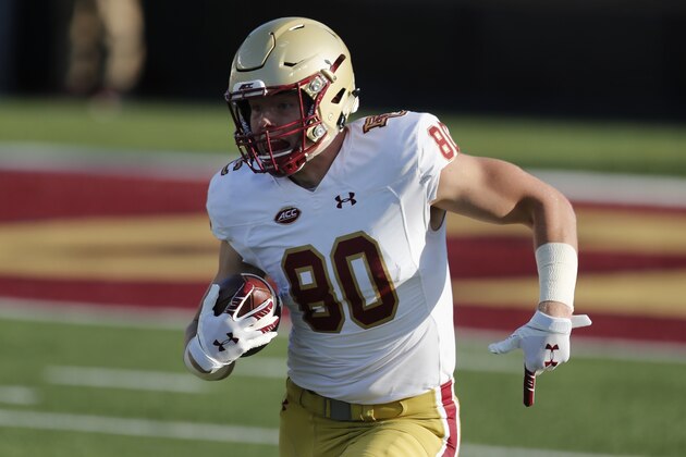 Boston College tight end Hunter Long plays against Pittsburgh during the first half of an NCAA college football game, Saturday, Oct. 10, 2020, in Boston. (AP Photo/Michael Dwyer)