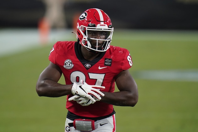 Georgia tight end Tre' McKitty runs a pattern during the second half of an NCAA college football game against Florida, Saturday, Nov. 7, 2020, in Jacksonville, Fla. (AP Photo/John Raoux)