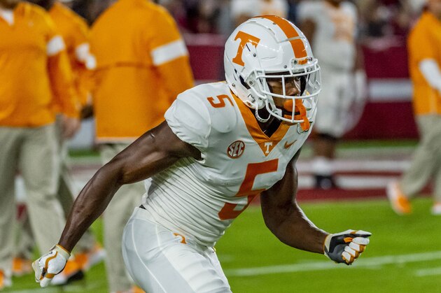 Tennessee wide receiver Josh Palmer (5) warms up before an NCAA college football game against Alabama, Saturday, Oct. 19, 2019, in Tuscaloosa, Ala. (AP Photo/Vasha Hunt)