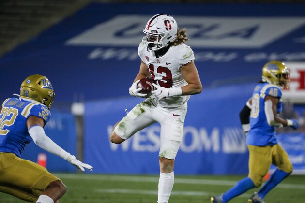 Stanford wide receiver Simi Fehoko (13) catches a pass against the UCLA during the second half of an NCAA college football game Saturday, Dec. 19, 2020, in Pasadena, Calif. The Stanford won 48-47 in overtime. (AP Photo/Ringo H.W. Chiu)