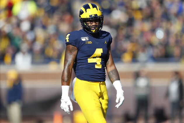 Michigan wide receiver Nico Collins plays against Michigan State in the first half of an NCAA college football game in Ann Arbor, Mich., Saturday, Nov. 16, 2019. (AP Photo/Paul Sancya)