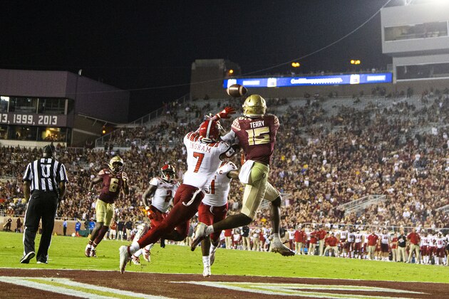 Florida State wide receiver Tamorrion Terry (15) goes up for a touchdown grab as North Carolina State cornerback Chris Ingram (7) defends in the second half of an NCAA college football game in Tallahassee, Fla., Saturday, Sept. 28, 2019. Florida State defeated North Carolina State 31-13. (AP Photo/Mark Wallheiser)