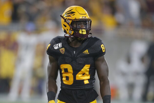 Arizona State wide receiver Frank Darby (84) performs in the first half during an NCAA college football game against Colorado, Saturday, Sept. 21, 2019, in Tempe, Ariz. (AP Photo/Rick Scuteri)