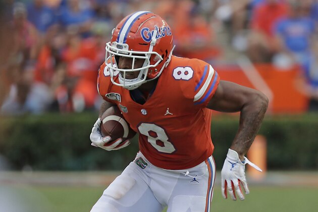 Florida wide receiver Trevon Grimes (8) runs against Towson during the second half of an NCAA college football game, Saturday, Sept. 28, 2019, in Gainesville, Fla. (AP Photo/John Raoux)