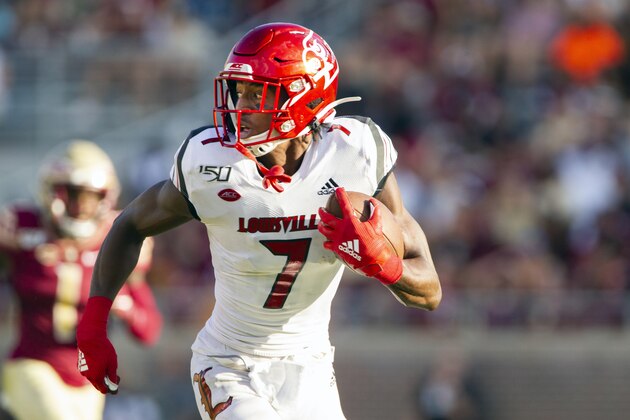 Louisville wide receiver Dez Fitzpatrick (7) looks over his shoulder after catching a 74-yard touchdown pass to go ahead of Florida State in the second half of an NCAA college football game in Tallahassee, Fla., Saturday, Sept. 21, 2019. Florida State defeated Louisville 35-24. (AP Photo/Mark Wallheiser)