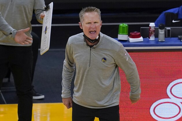 Golden State Warriors coach Steve Kerr yells to officials during the second half of the team's NBA basketball game against the Dallas Mavericks in San Francisco, Tuesday, April 27, 2021. (AP Photo/Jeff Chiu)