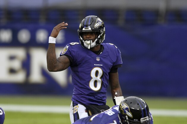 Baltimore Ravens quarterback Lamar Jackson (8) gestures during the first half of an NFL football game against the Pittsburgh Steelers, Sunday, Nov. 1, 2020, in Baltimore. (AP Photo/Nick Wass)