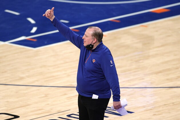 New York Knicks coach Tom Thibodeau gestures during the second half against the Charlotte Hornets in an NBA basketball game Tuesday, April 20, 2021, in New York. (Sarah Stier/Pool Photo via AP)