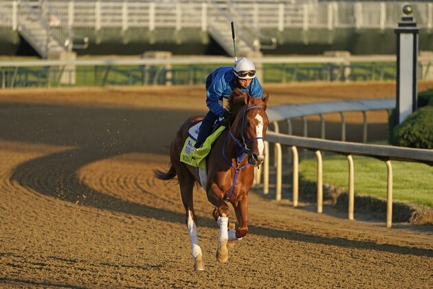 Kentucky Derby hopeful King Fury works out at Churchill Downs Tuesday, April 27, 2021, in Louisville, Ky. The 147th running of the Kentucky Derby is scheduled for Saturday, May 1. (AP Photo/Charlie Riedel)