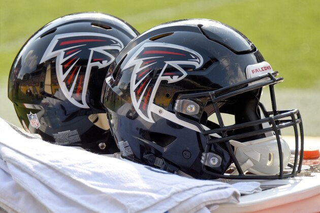 Atlanta Falcons helmets during an NFL football game against the Pittsburgh Steelers, Sunday, Oct. 7, 2018, in Pittsburgh. (AP Photo/Don Wright)