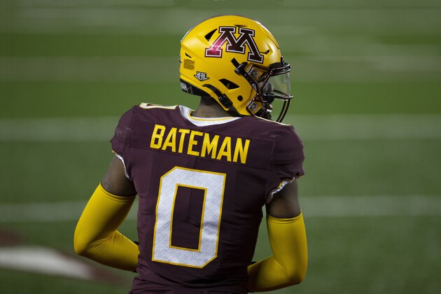 Minnesota wide receiver Rashod Bateman (0) during an NCAA college football game against Iowa, Friday, Nov. 13, 2020, in Minneapolis. Iowa won 35-7. (AP Photo/Stacy Bengs)