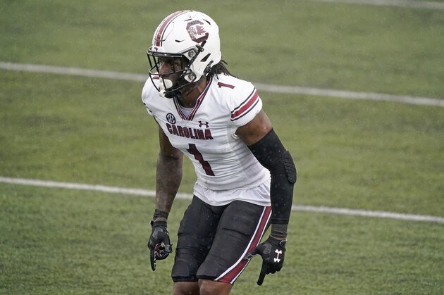 FILE - In this Oct. 10, 2020, file photo, South Carolina defensive back Jaycee Horn plays against Vanderbilt in the second half of an NCAA college football game in Nashville, Tenn. The Arizona Cardinals pick at No. 16 in the upcoming NFL draft and seem likely to target a defensive player, particularly a cornerback. There could be several opportunities to add one depending on how the picks shake out: Alabama's Patrick Surtain II, South Carolina's Horn and Virginia Tech's Caleb Farley. (AP Photo/Mark Humphrey, File)