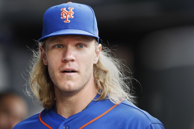 New York Mets starting pitcher Noah Syndergaard is shown in the Mets' dugout after pitching seven innings in a baseball game against the Atlanta Braves, Sunday, Sept. 29, 2019, in New York. (AP Photo/Kathy Willens)