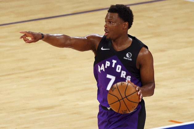 Kyle Lowry, of the Toronto Raptors, in action against the New York Knicks during a game at Madison Square Garden on April 11, 2021 in New York. (Rich Schultz/Pool Photo via AP)