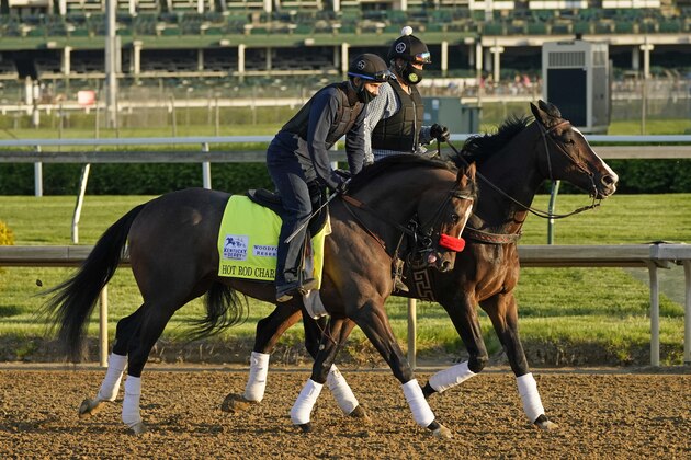 Kentucky Derby hopeful Hot Rod Charlie works out at Churchill Downs Tuesday, April 27, 2021, in Louisville, Ky. The 147th running of the Kentucky Derby is scheduled for Saturday, May 1. (AP Photo/Charlie Riedel)