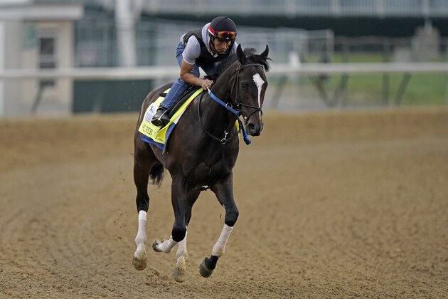 Kentucky Derby entrant Super Stock works out at Churchill Downs Wednesday, April 28, 2021, in Louisville, Ky. The horse is co-owned by trainer Steve Asmussen's parents with a partner. (AP Photo/Charlie Riedel)