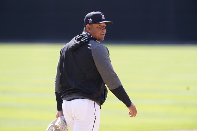 Detroit Tigers first baseman Miguel Cabrera is seen during a baseball practice session at Comerica Park, Wednesday, March 31, 2021, in Detroit. The Tigers home opener is Thursday against the Cleveland Indians. (AP Photo/Carlos Osorio)