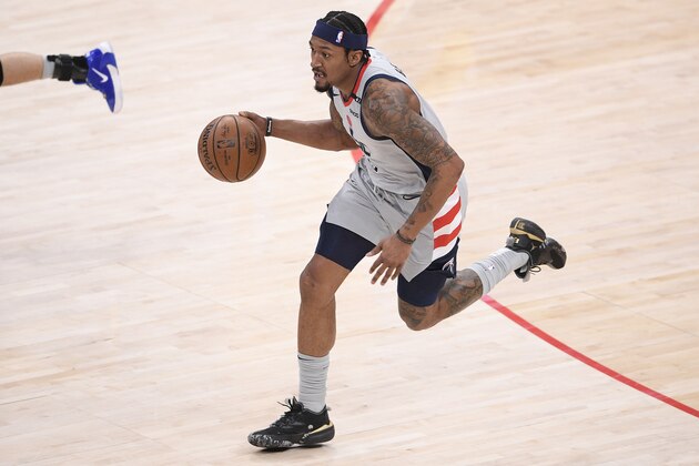 Washington Wizards guard Bradley Beal (3) dribbles the ball during the first half of an NBA basketball game against the Cleveland Cavaliers, Sunday, April 25, 2021, in Washington. (AP Photo/Nick Wass)