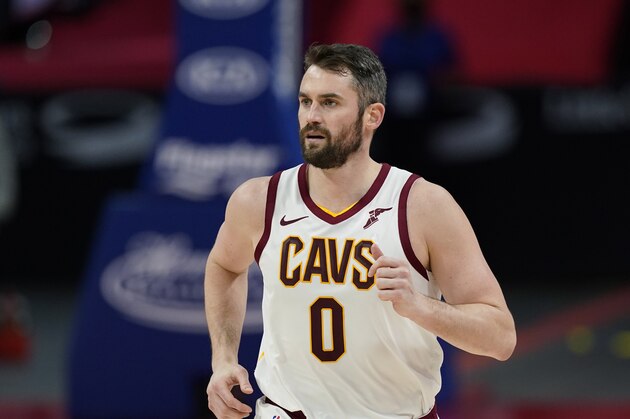 Cleveland Cavaliers forward Kevin Love plays during an NBA basketball game, Monday, April 19, 2021, in Detroit. (AP Photo/Carlos Osorio)