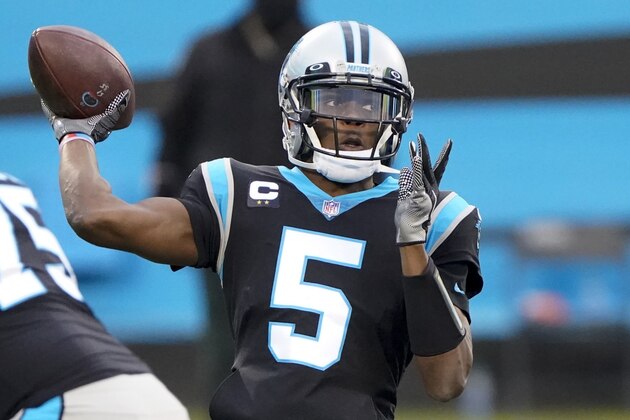 Carolina Panthers quarterback Teddy Bridgewater passes against the New Orleans Saints during the first half of an NFL football game Sunday, Jan. 3, 2021, in Charlotte, N.C. (AP Photo/Brian Blanco)