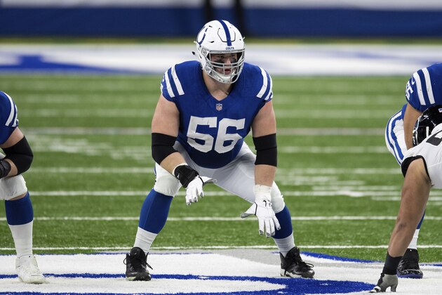 Indianapolis Colts guard Quenton Nelson (56) drops into pass protection during an NFL football game against the Jacksonville Jaguars on Sunday, Jan. 3, 2021, in Indianapolis. (AP Photo/Zach Bolinger)
