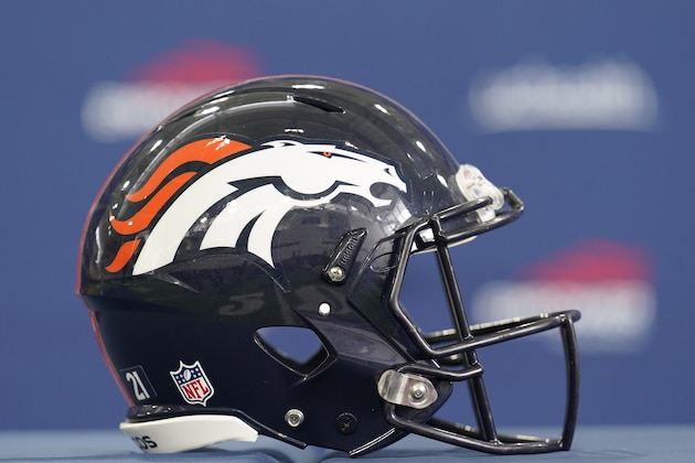 Helmet of Denver Broncos safety Justin Simmons during a news conference to announce a four-year deal for $61 million to keep Simmons on the team Monday, March 22, 2021, at the team's headquarters in Englewood, Colo. (AP Photo/David Zalubowski)
