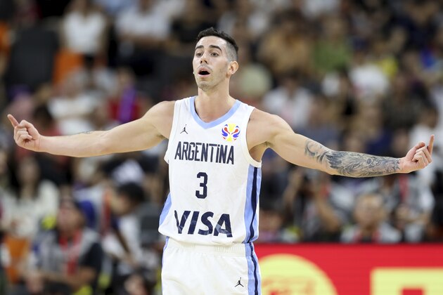 Argentina's Luca Vildoza gestures during a quarterfinal match against Serbia for the FIBA Basketball World Cup in Dongguan in southern China's Guangdong province on Tuesday, Sept. 10, 2019. Argentina beats Serbia 97-87. (AP Photo/Ng Han Guan)