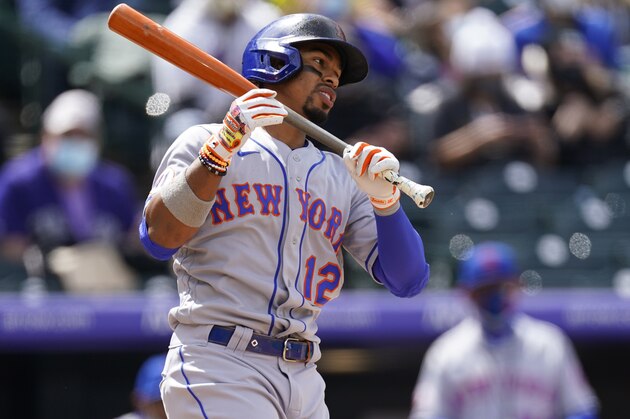 New York Mets shortstop Francisco Lindor (12) in the fifth inning of a baseball game Sunday, April 18, 2021, in Denver. (AP Photo/David Zalubowski) New York Mets shortstop Francisco Lindor (12) in the fifth inning of a baseball game Sunday, April 18, 2021, in Denver. (AP Photo/David Zalubowski)